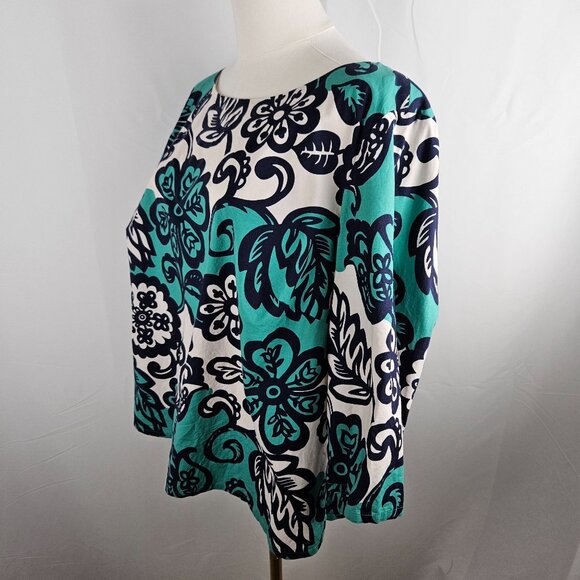 Boden Top Sz 16 Penelope Floral Print Cotton Stretch Top Turquoise Navy - Picture 4 of 9